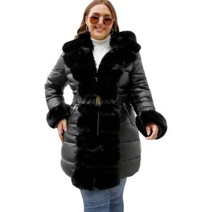 RISISSIDA Women Winter Fur Lined Coat,Puffer Jacket with Long Fur Trim Hooded,Warm Leather Bubble Overcoat Cold-resistant(Plus Size Oversized-black)