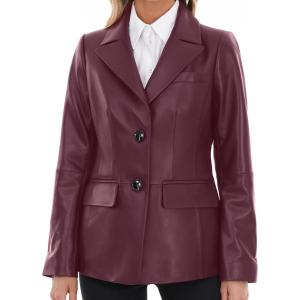 SILVER FASHIONS Lambskin Leather Jacket Women,Long Sleeve Button Front Leather Blazer,Notched Lapel Casual Style,Vent Detail(Burgundy)