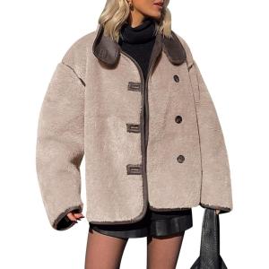Tankaneo Womens Faux Fur Jackets Warm Winter Casual Button Down Stand Collar Long Sleeve Shaggy Outwear Coats(Dark Khaki)