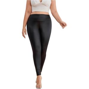 WDIRARA Women’s Plus Size High Waisted PU Leather Stretchy Leggings Skinny Pants(Black)