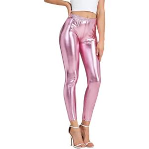 Women Shiny Metallic Sports Leggings Bright Pencil Pant Fitness Fashion Jeggings Candy Color Trousers(Pink)