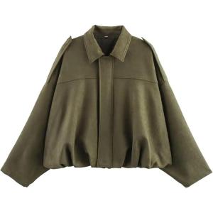 Women’s Faux Suede Bomber Jacket Oversized Pilot Coats Fall Lapel Zip Up Motorcycle Streetwear Outerwear(Army Green)