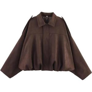 Women’s Faux Suede Bomber Jacket Oversized Pilot Coats Fall Lapel Zip Up Motorcycle Streetwear Outerwear(Coffee)