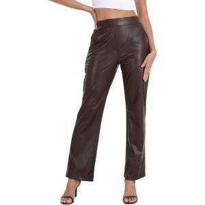 Women’s Pull On Faux Leather Pants Black High Waisted PU Leather Kick Flare Pants with Pockets(Brown)