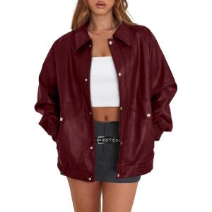 XIEERDUO Leather Jacket Women Fall Outfits 2025 Oversized Motorcycle Y2K Clothes Faux Leather Pocket Winter Coats Zip Up(Burgundy)