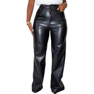 hibshaby Faux Leather Pants for Women High Waisted Straight Leg Long Pants(Loose Black)