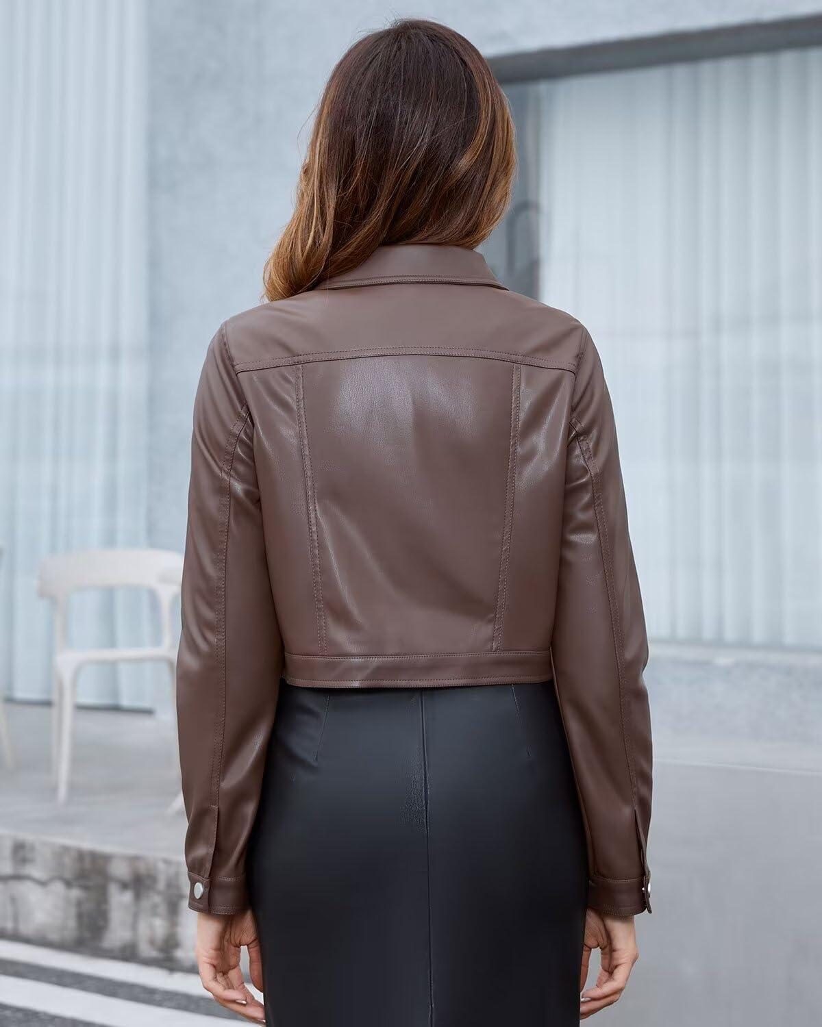 imageDIASHINY Faux Leather Jacket For Women Zip Up Moto Biker Coat Short PU Motorcycle Outwear126 Brown