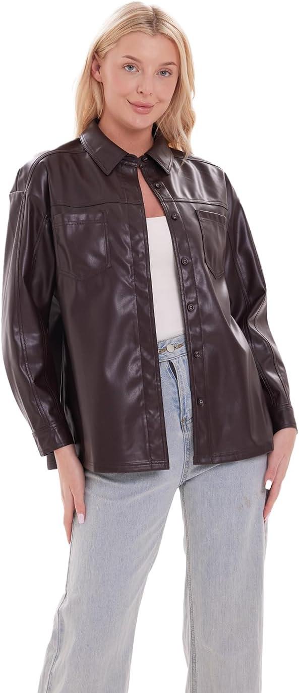 imageDIASHINY Faux Leather Jacket For Women Zip Up Moto Biker Coat Short PU Motorcycle Outwear153 Coffee
