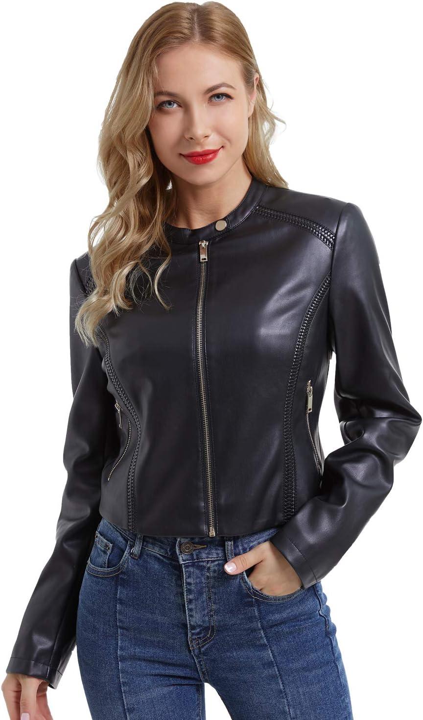 imageDIASHINY Faux Leather Jacket For Women Zip Up Moto Biker Coat Short PU Motorcycle OutwearBlack 047