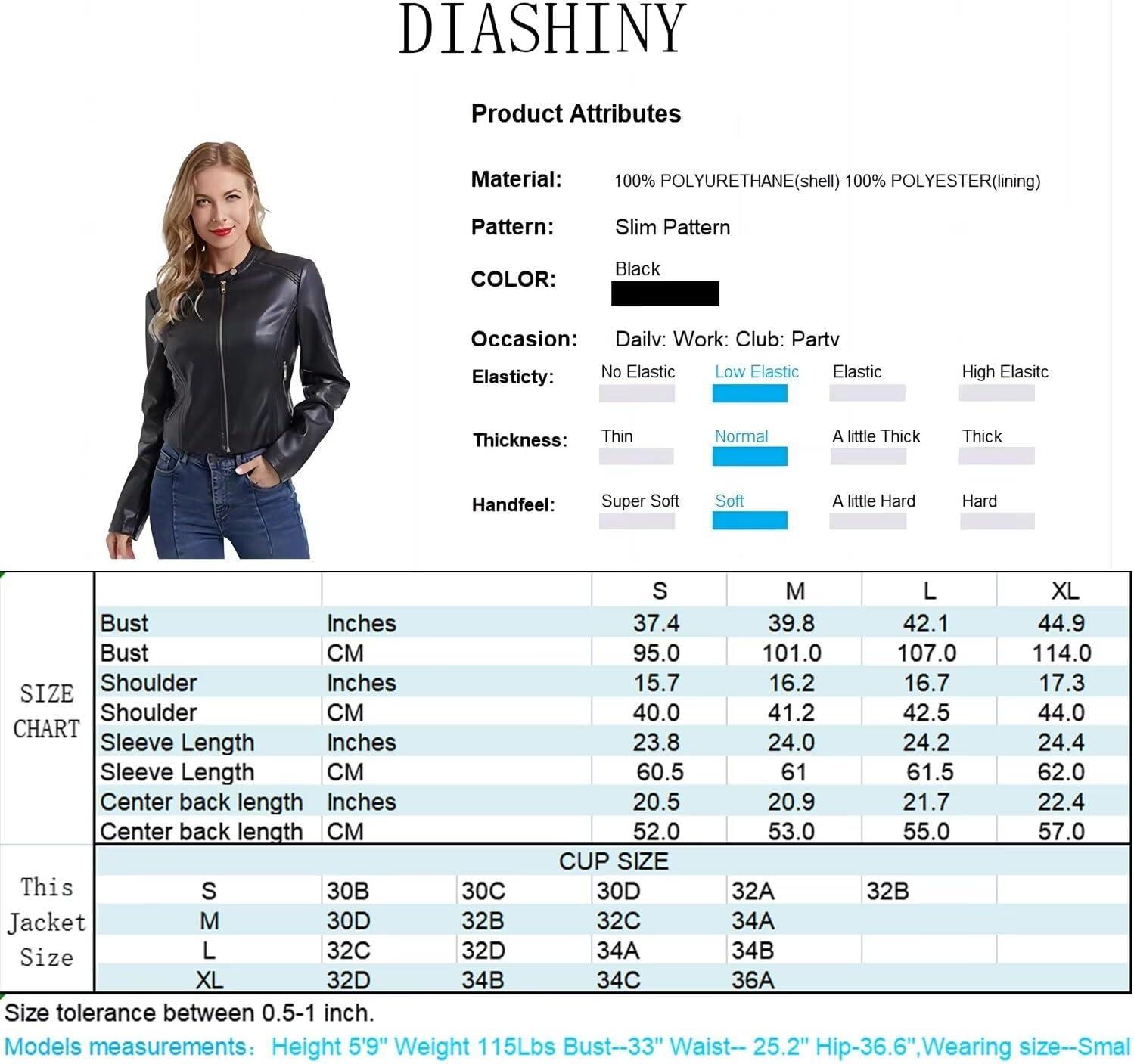 imageDIASHINY Faux Leather Jacket For Women Zip Up Moto Biker Coat Short PU Motorcycle OutwearBlack 047