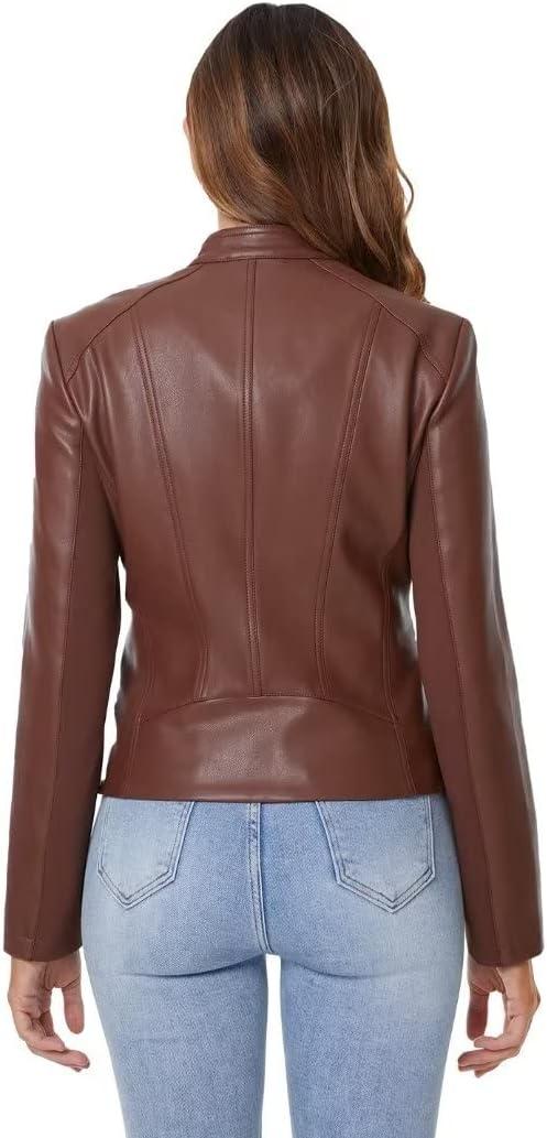imageDIASHINY Faux Leather Jacket For Women Zip Up Moto Biker Coat Short PU Motorcycle OutwearBrown 006