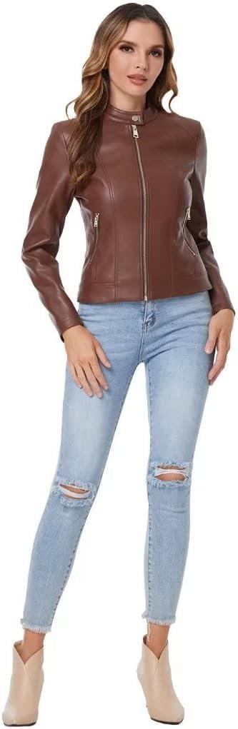 imageDIASHINY Faux Leather Jacket For Women Zip Up Moto Biker Coat Short PU Motorcycle OutwearBrown 006