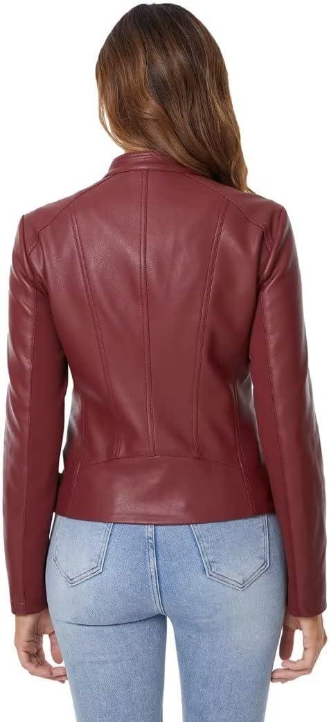 imageDIASHINY Faux Leather Jacket For Women Zip Up Moto Biker Coat Short PU Motorcycle OutwearWine Red 006