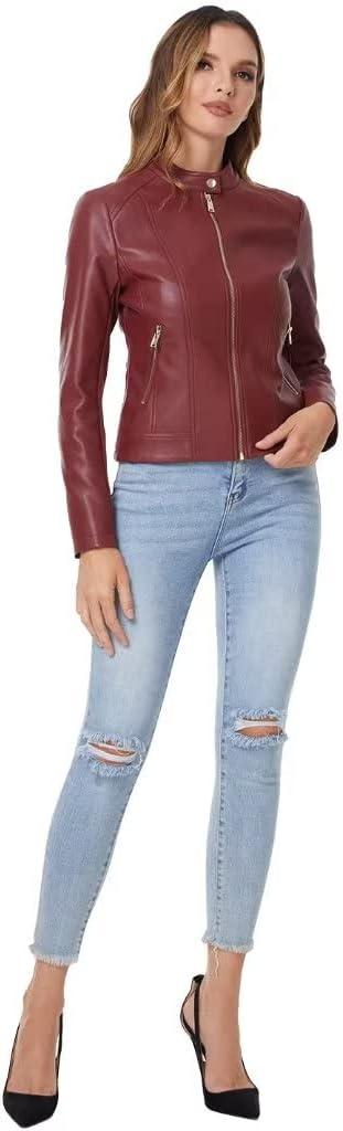 imageDIASHINY Faux Leather Jacket For Women Zip Up Moto Biker Coat Short PU Motorcycle OutwearWine Red 006