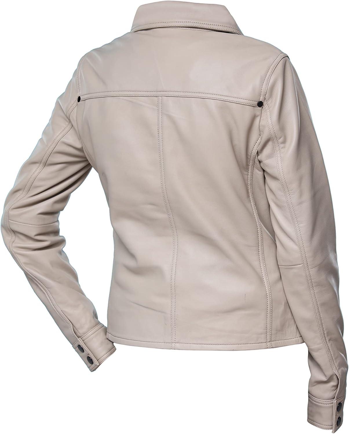 imageJild Womens Button Front Lambskin Leather Jacket Shacket Casual Shirt Long Sleeve Leather Jacket Women with Bust PocketAsh White