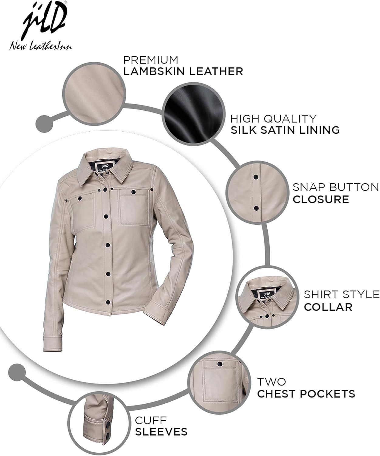 imageJild Womens Button Front Lambskin Leather Jacket Shacket Casual Shirt Long Sleeve Leather Jacket Women with Bust PocketAsh White