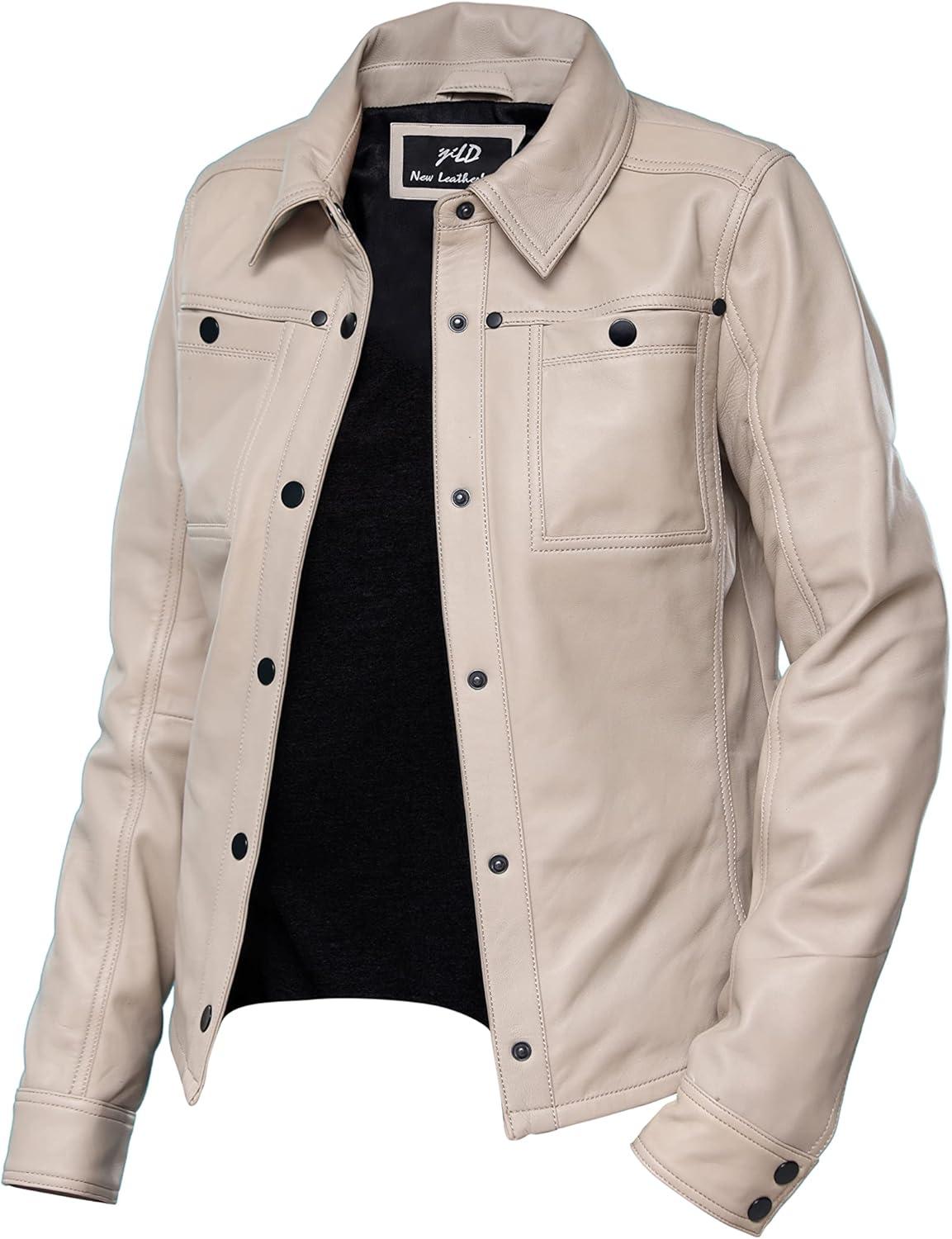 imageJild Womens Button Front Lambskin Leather Jacket Shacket Casual Shirt Long Sleeve Leather Jacket Women with Bust PocketAsh White