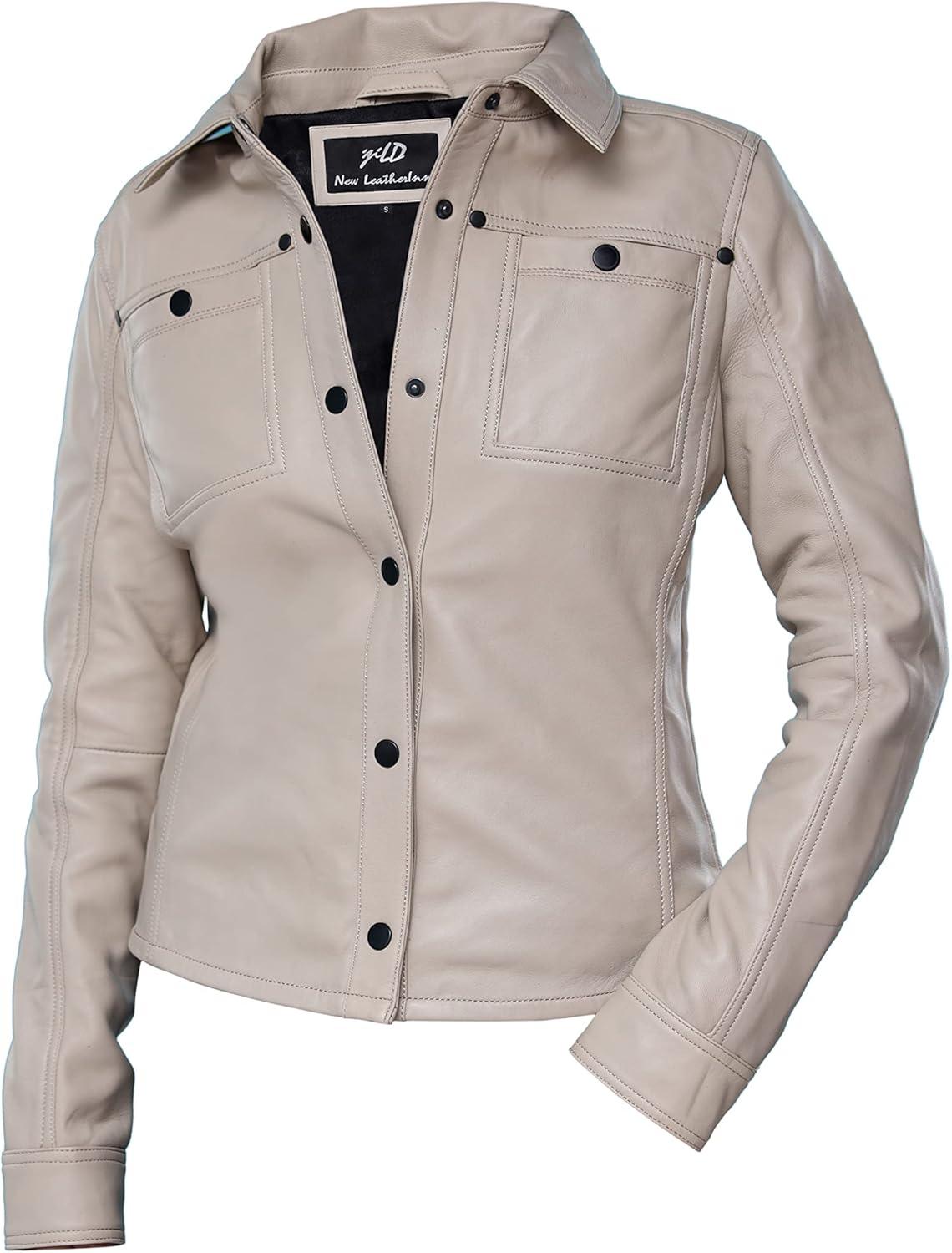 imageJild Womens Button Front Lambskin Leather Jacket Shacket Casual Shirt Long Sleeve Leather Jacket Women with Bust PocketAsh White