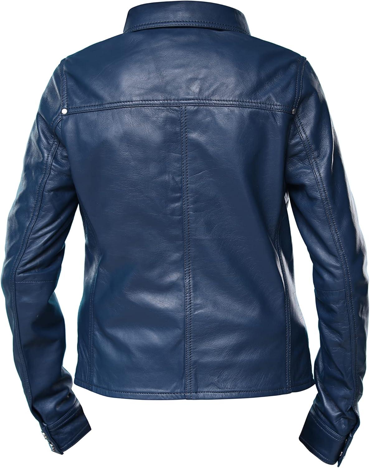 imageJild Womens Button Front Lambskin Leather Jacket Shacket Casual Shirt Long Sleeve Leather Jacket Women with Bust PocketBlue