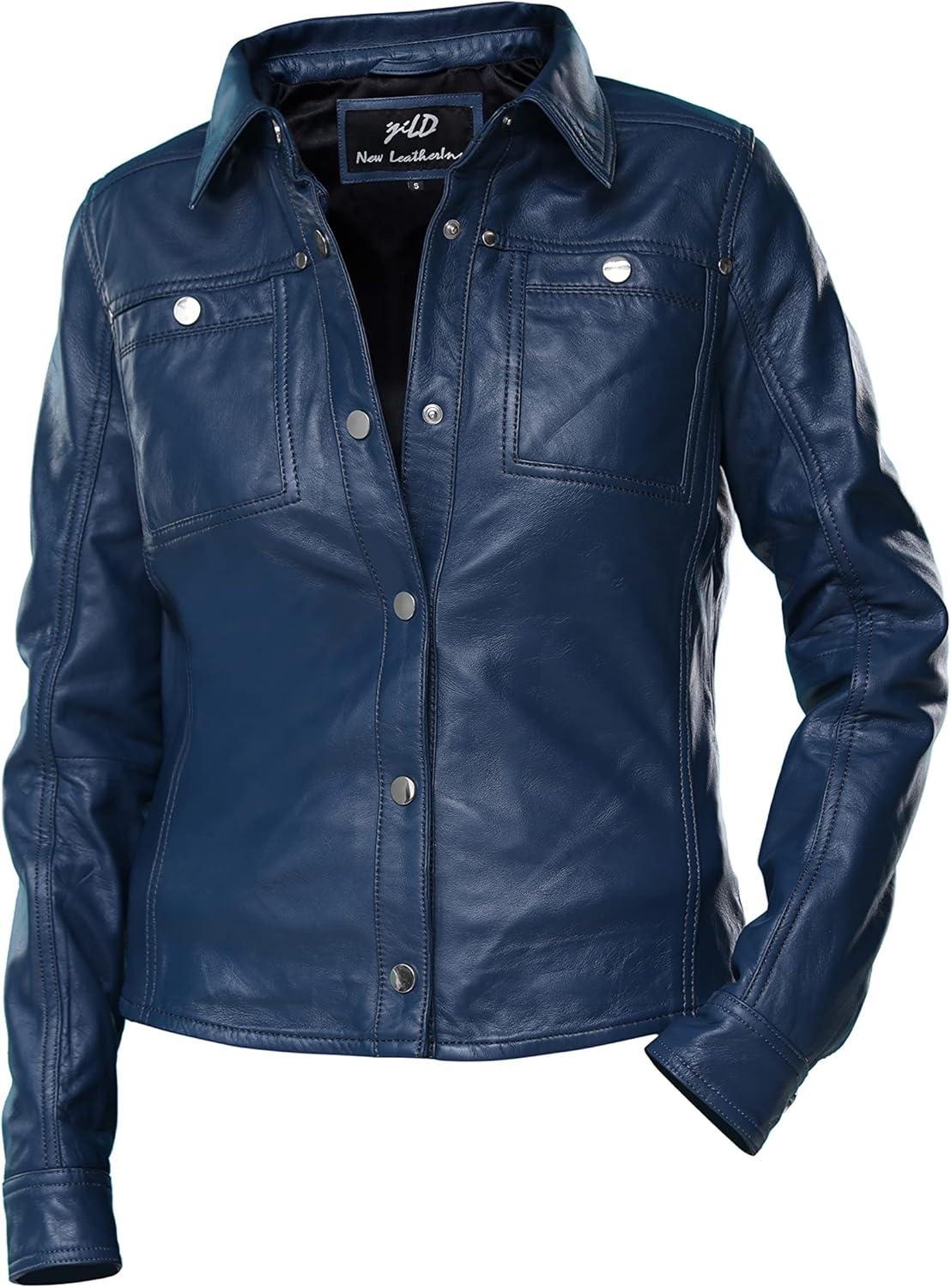 imageJild Womens Button Front Lambskin Leather Jacket Shacket Casual Shirt Long Sleeve Leather Jacket Women with Bust PocketBlue
