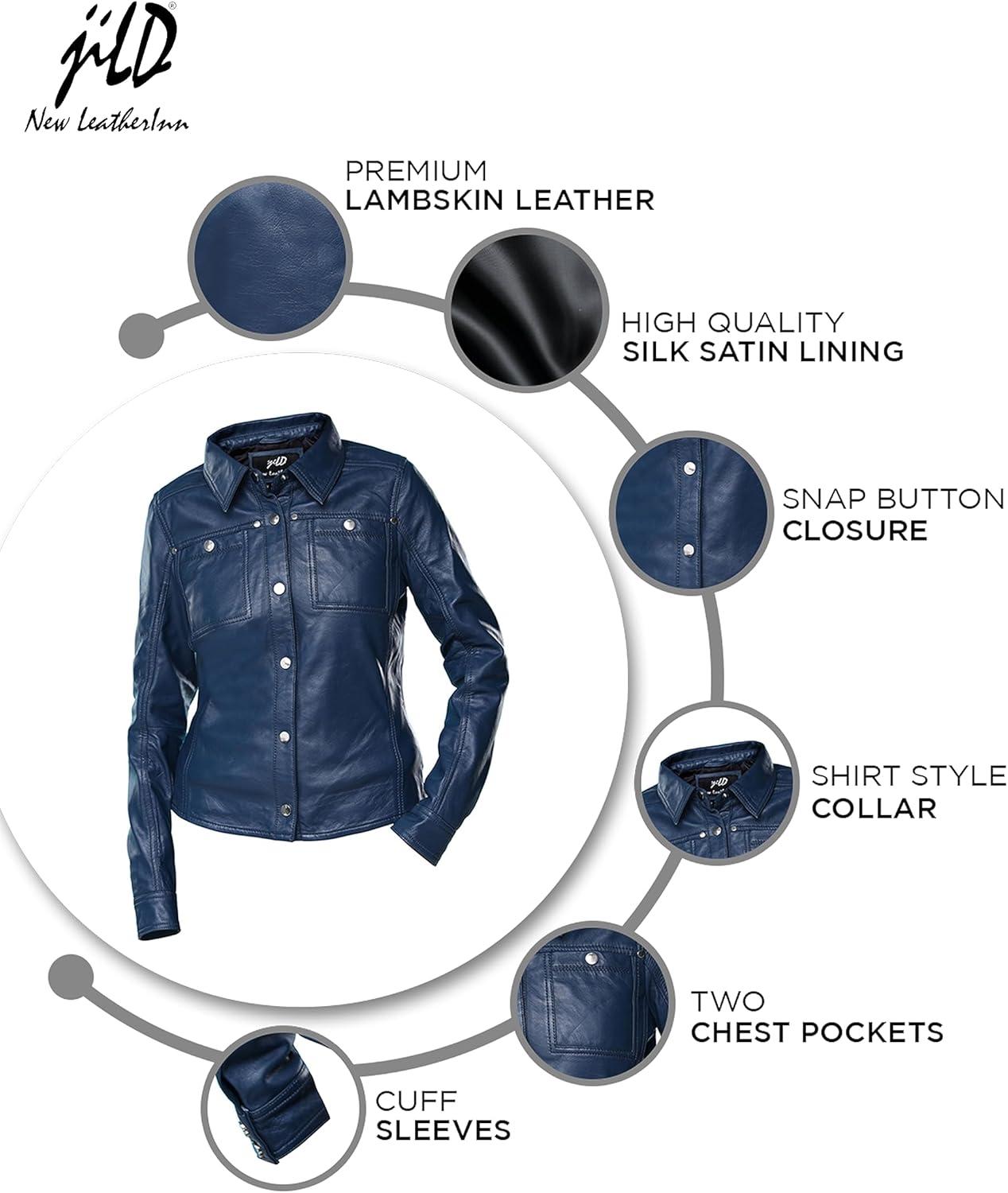 imageJild Womens Button Front Lambskin Leather Jacket Shacket Casual Shirt Long Sleeve Leather Jacket Women with Bust PocketBlue