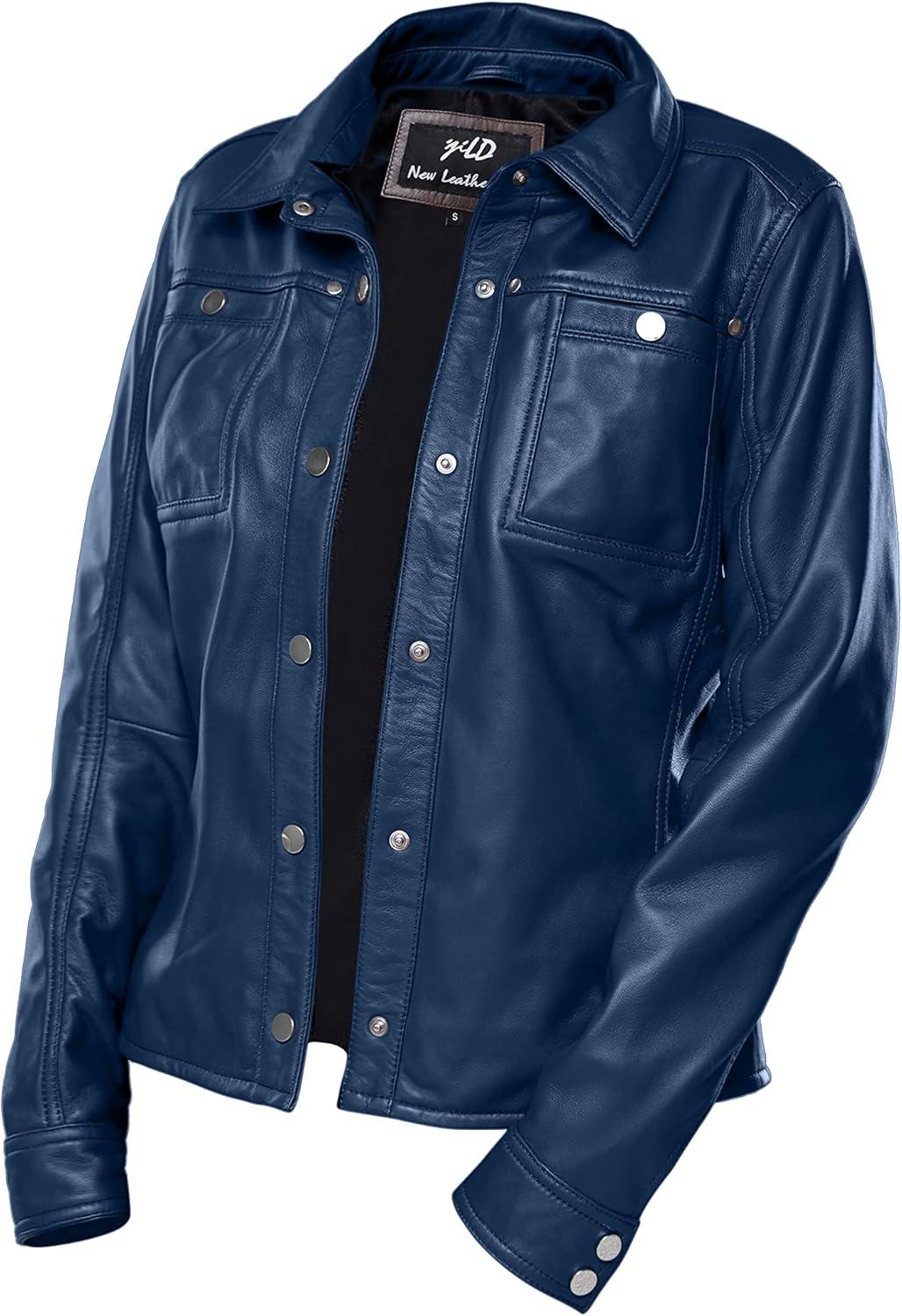 imageJild Womens Button Front Lambskin Leather Jacket Shacket Casual Shirt Long Sleeve Leather Jacket Women with Bust PocketBlue