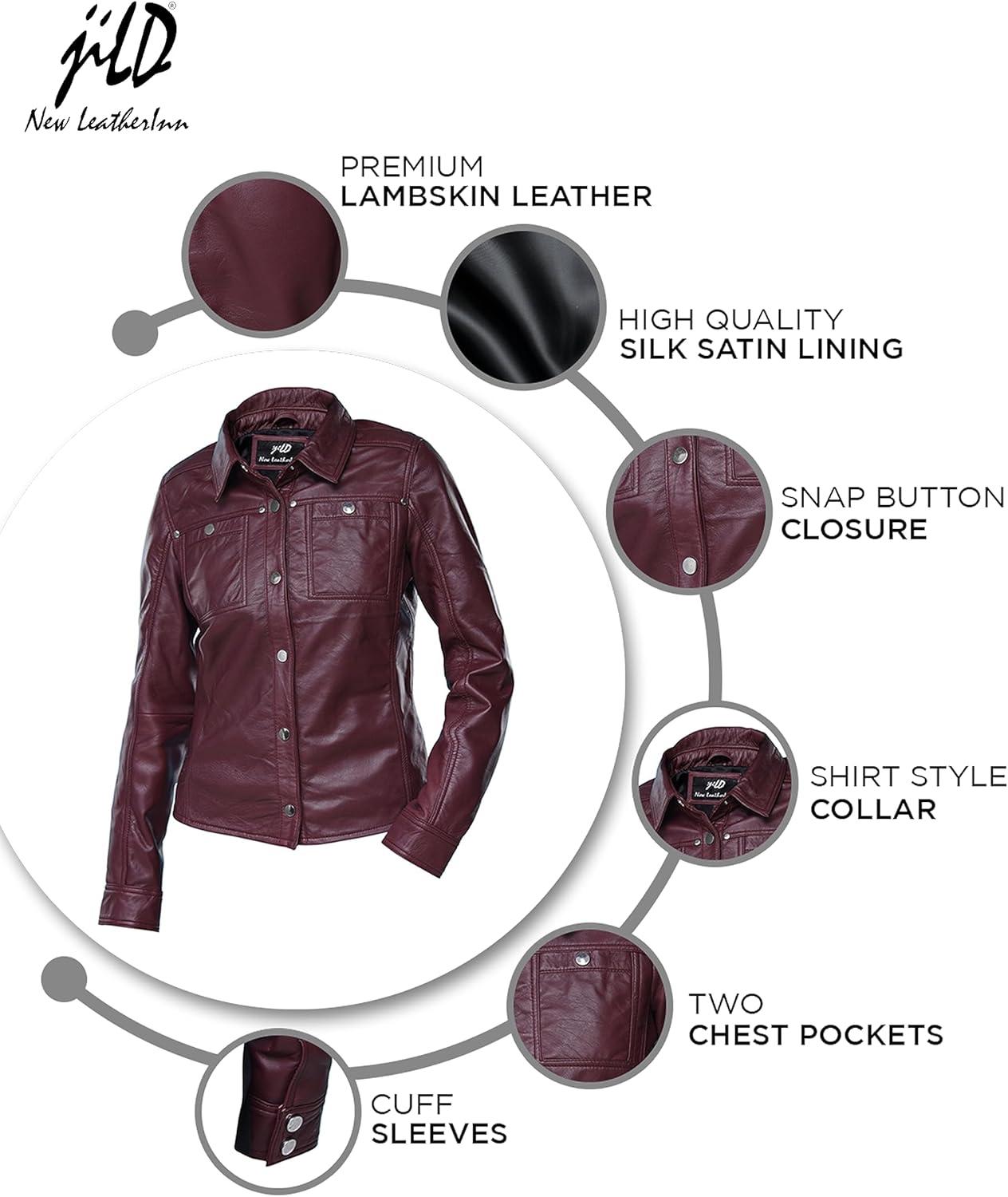 imageJild Womens Button Front Lambskin Leather Jacket Shacket Casual Shirt Long Sleeve Leather Jacket Women with Bust PocketBurgandy