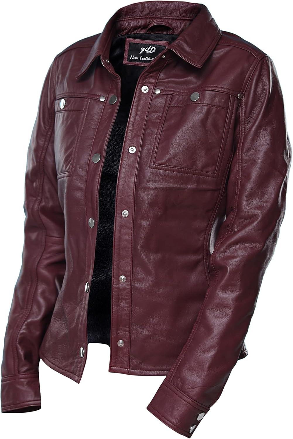 imageJild Womens Button Front Lambskin Leather Jacket Shacket Casual Shirt Long Sleeve Leather Jacket Women with Bust PocketBurgandy