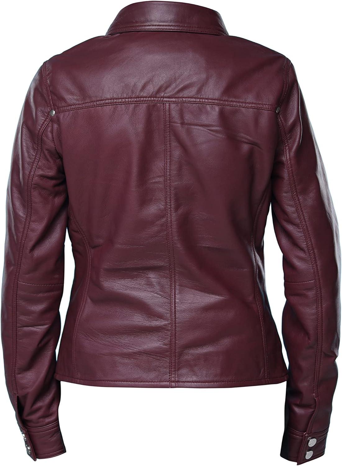 imageJild Womens Button Front Lambskin Leather Jacket Shacket Casual Shirt Long Sleeve Leather Jacket Women with Bust PocketBurgandy