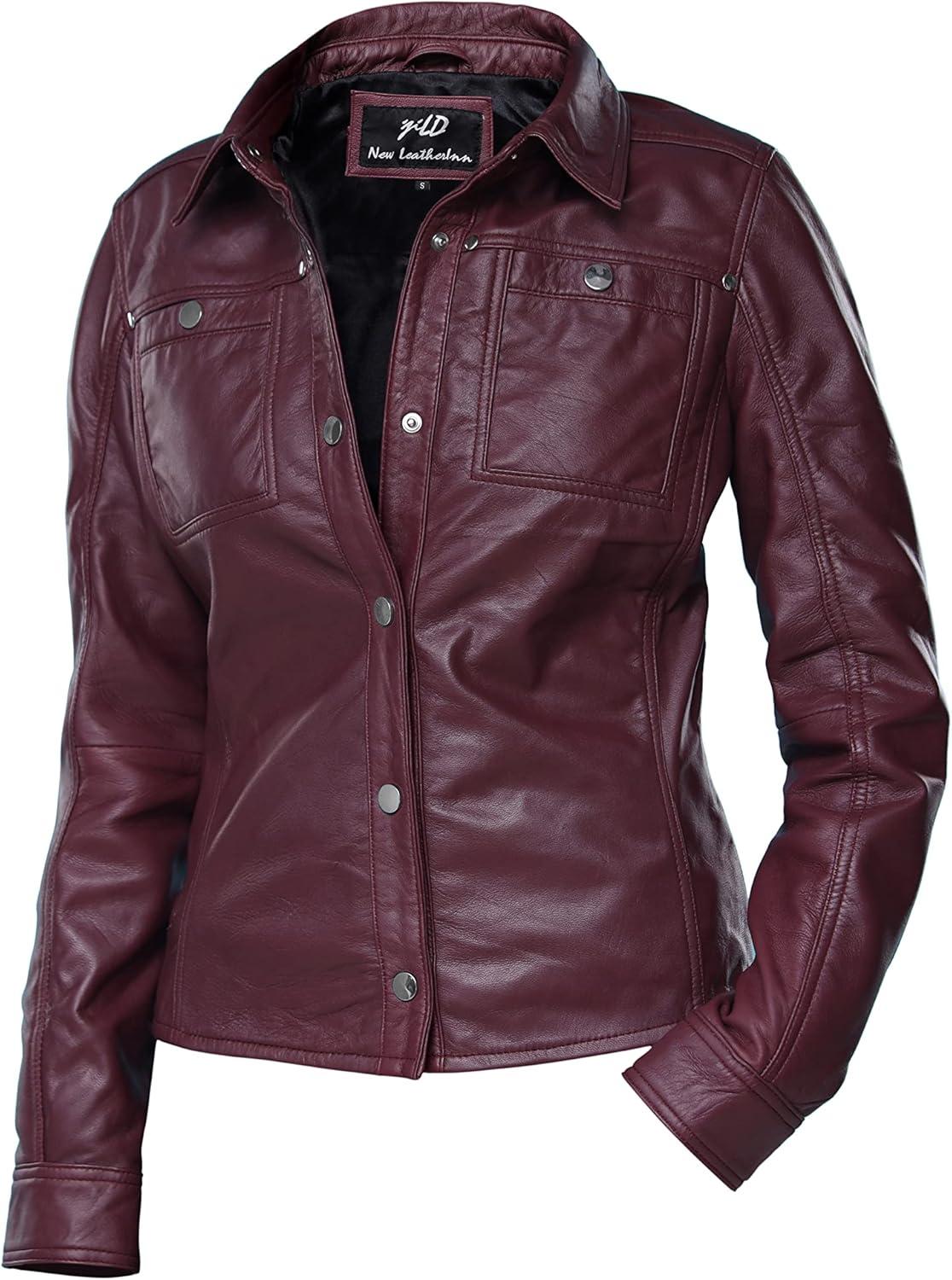 imageJild Womens Button Front Lambskin Leather Jacket Shacket Casual Shirt Long Sleeve Leather Jacket Women with Bust PocketBurgandy