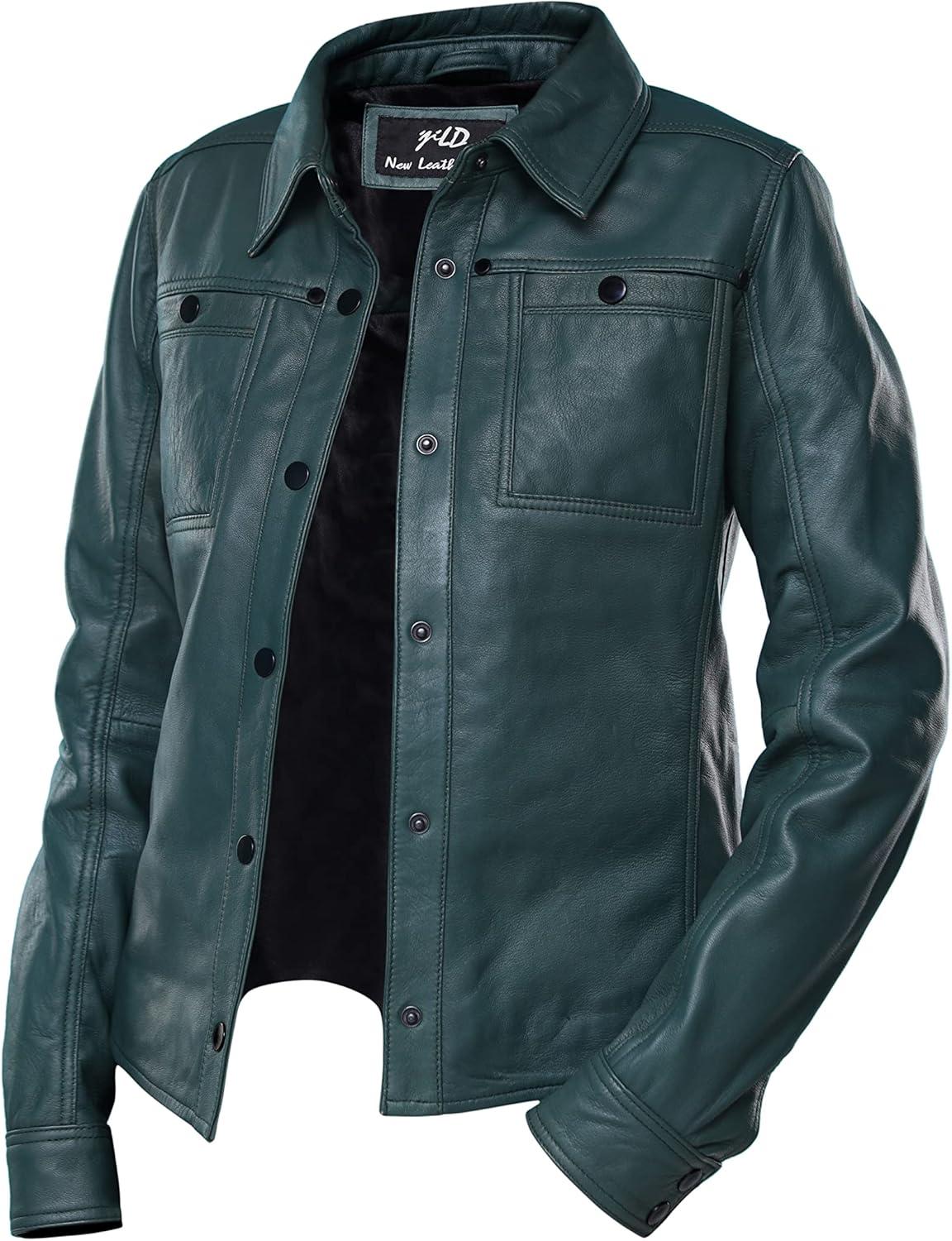 imageJild Womens Button Front Lambskin Leather Jacket Shacket Casual Shirt Long Sleeve Leather Jacket Women with Bust PocketGreen