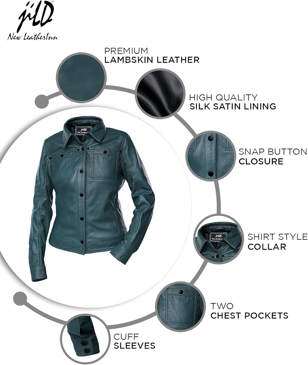 imageJild Womens Button Front Lambskin Leather Jacket Shacket Casual Shirt Long Sleeve Leather Jacket Women with Bust PocketGreen