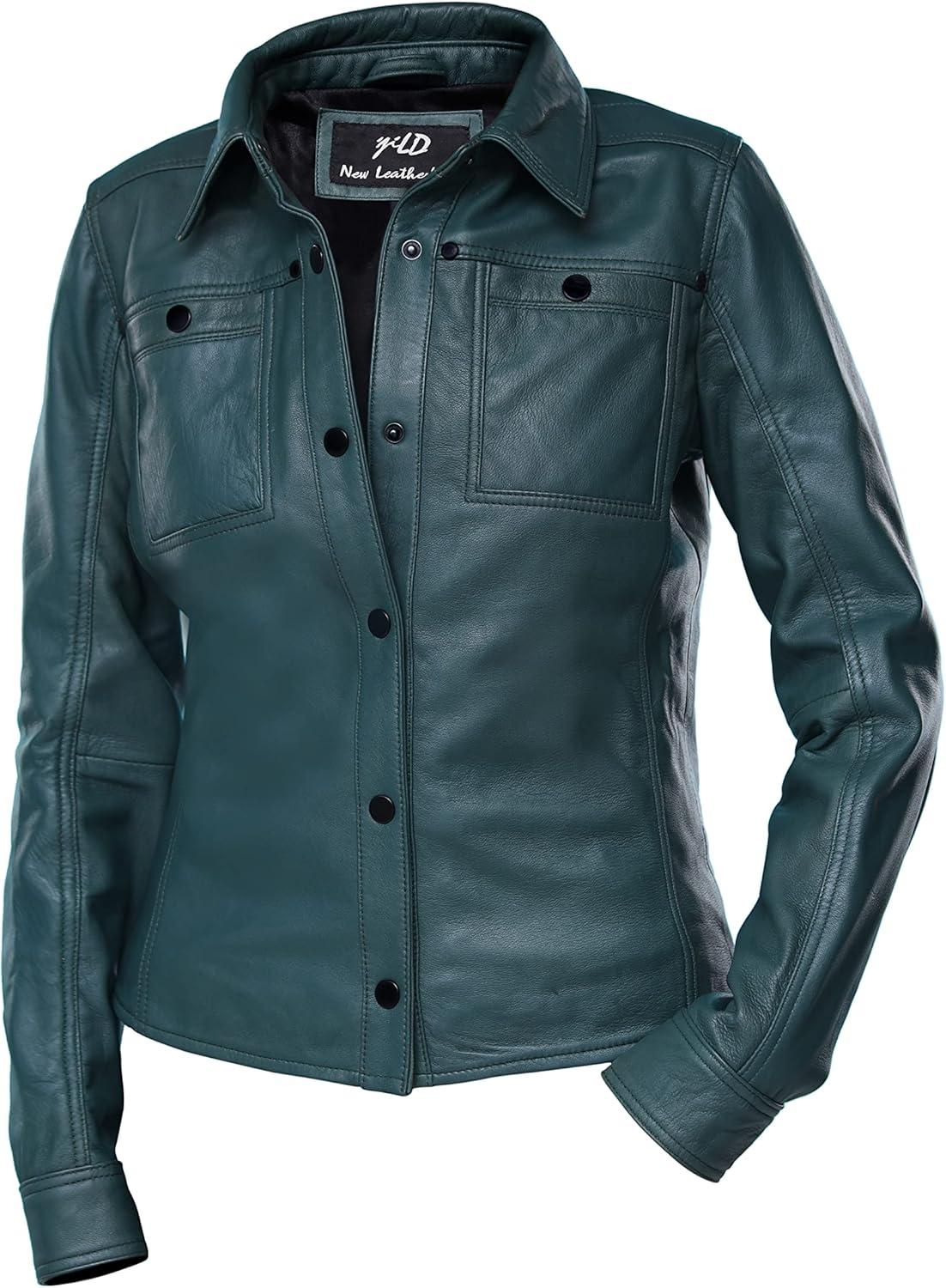 imageJild Womens Button Front Lambskin Leather Jacket Shacket Casual Shirt Long Sleeve Leather Jacket Women with Bust PocketGreen