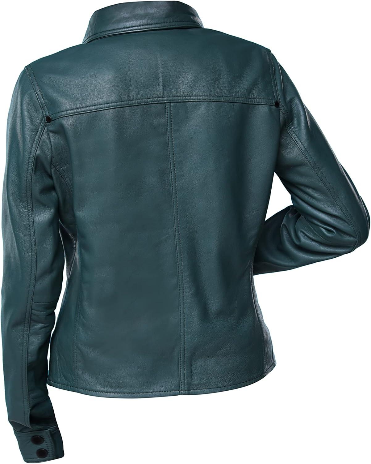 imageJild Womens Button Front Lambskin Leather Jacket Shacket Casual Shirt Long Sleeve Leather Jacket Women with Bust PocketGreen