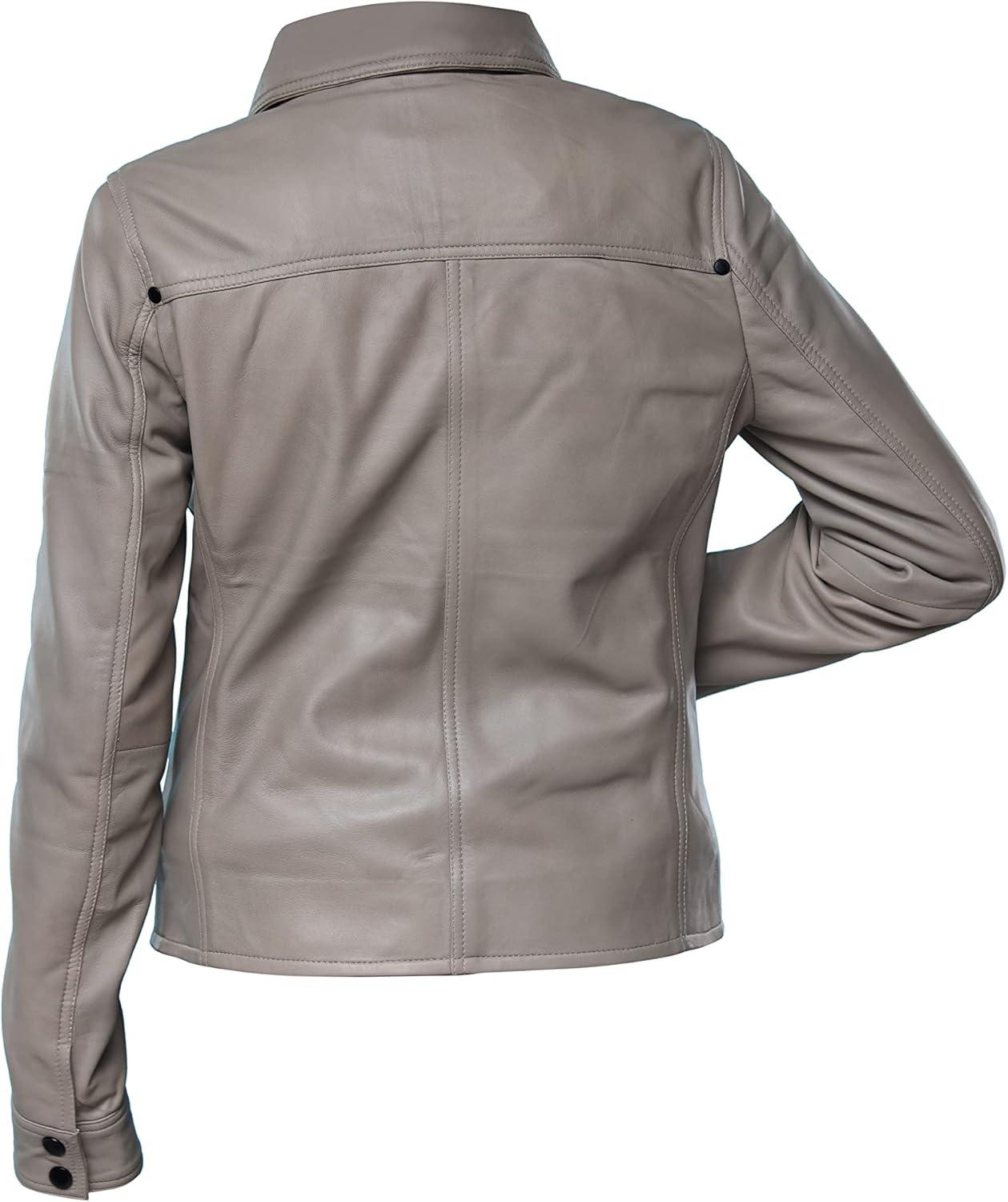 imageJild Womens Button Front Lambskin Leather Jacket Shacket Casual Shirt Long Sleeve Leather Jacket Women with Bust PocketGrey