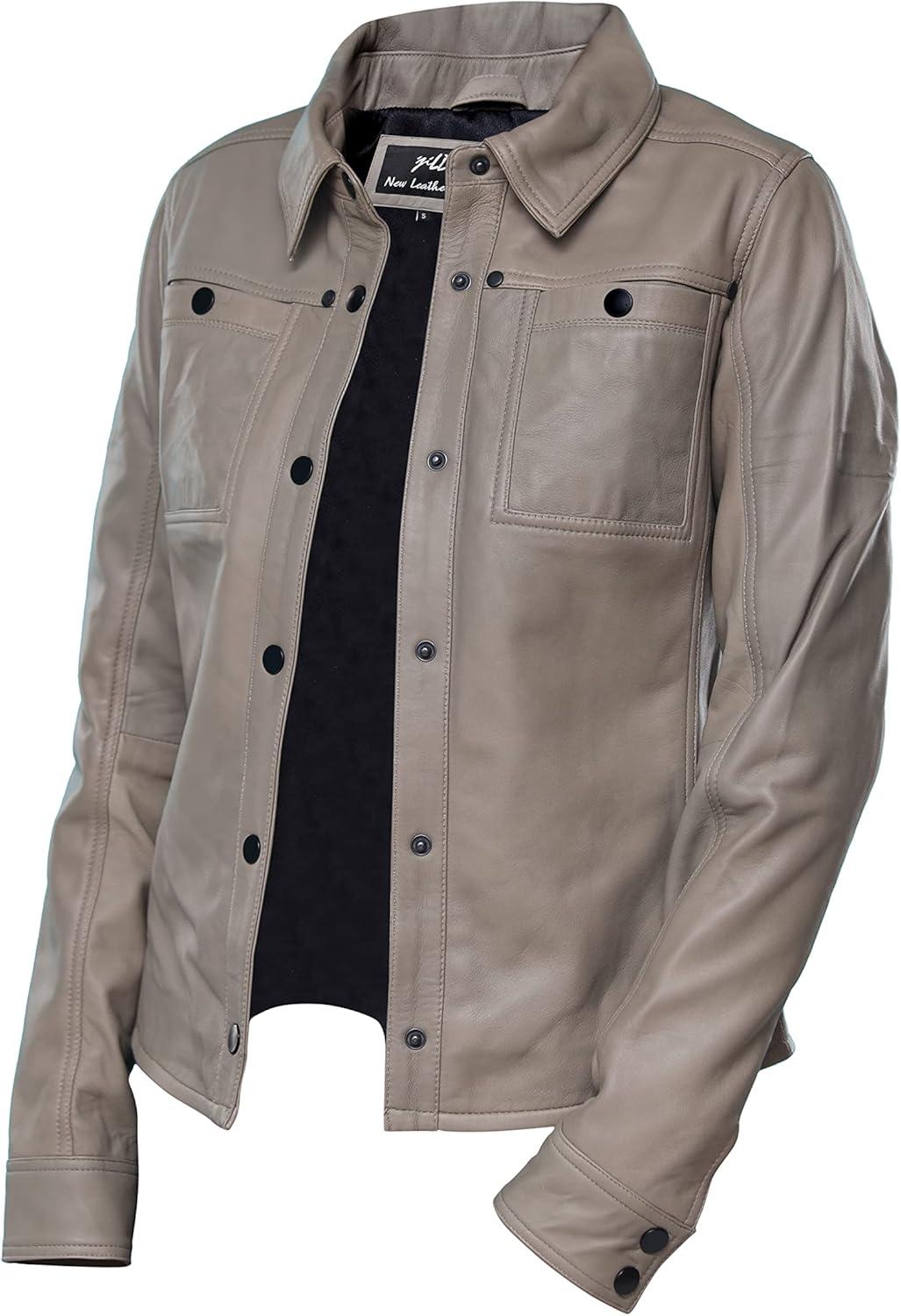 imageJild Womens Button Front Lambskin Leather Jacket Shacket Casual Shirt Long Sleeve Leather Jacket Women with Bust PocketGrey