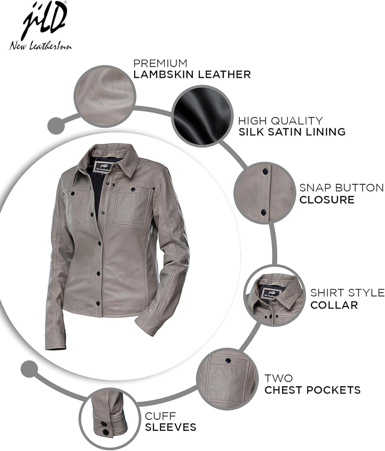 imageJild Womens Button Front Lambskin Leather Jacket Shacket Casual Shirt Long Sleeve Leather Jacket Women with Bust PocketGrey