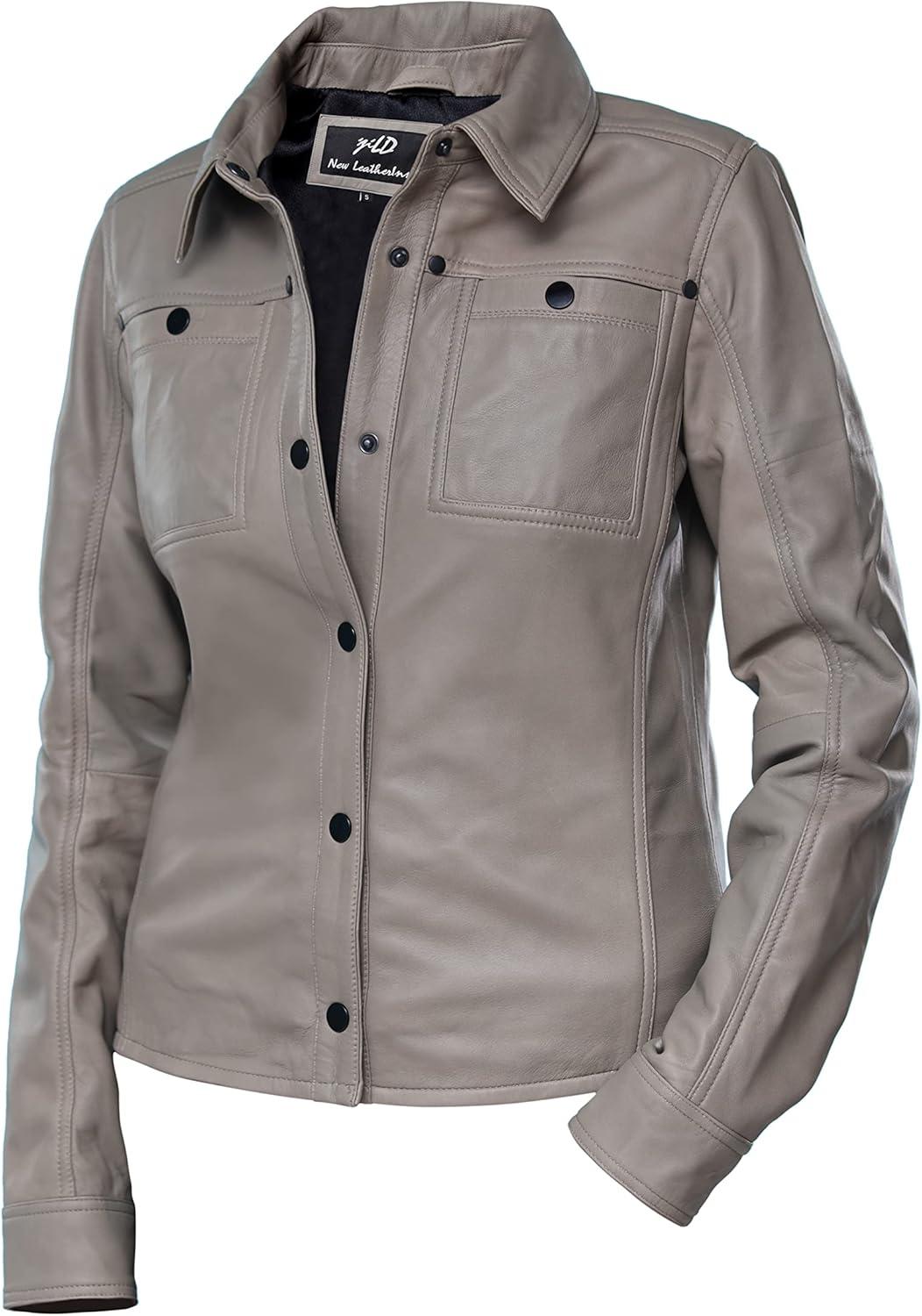 imageJild Womens Button Front Lambskin Leather Jacket Shacket Casual Shirt Long Sleeve Leather Jacket Women with Bust PocketGrey
