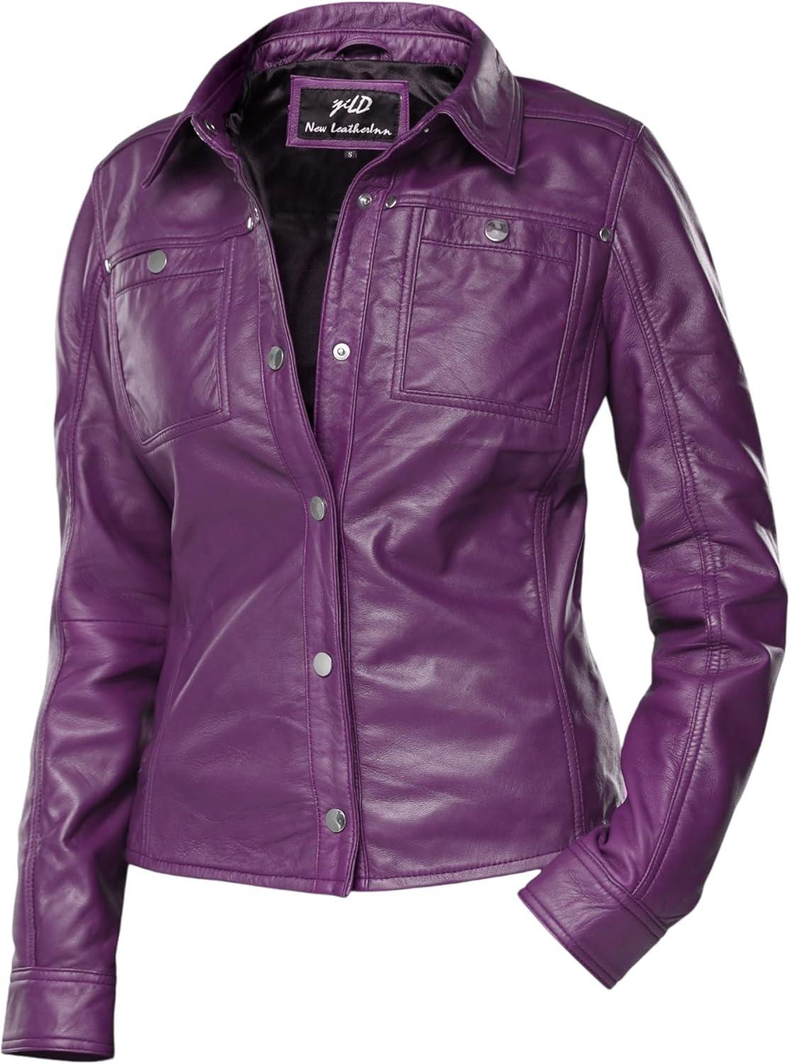 imageJild Womens Button Front Lambskin Leather Jacket Shacket Casual Shirt Long Sleeve Leather Jacket Women with Bust PocketPurple