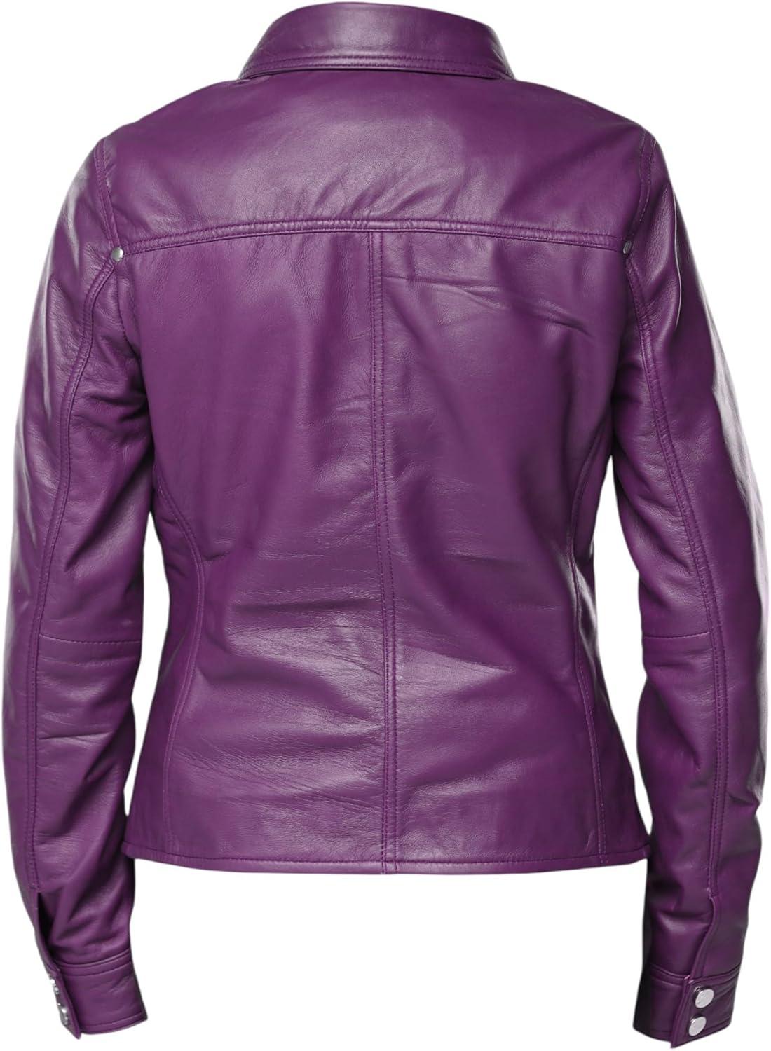 imageJild Womens Button Front Lambskin Leather Jacket Shacket Casual Shirt Long Sleeve Leather Jacket Women with Bust PocketPurple