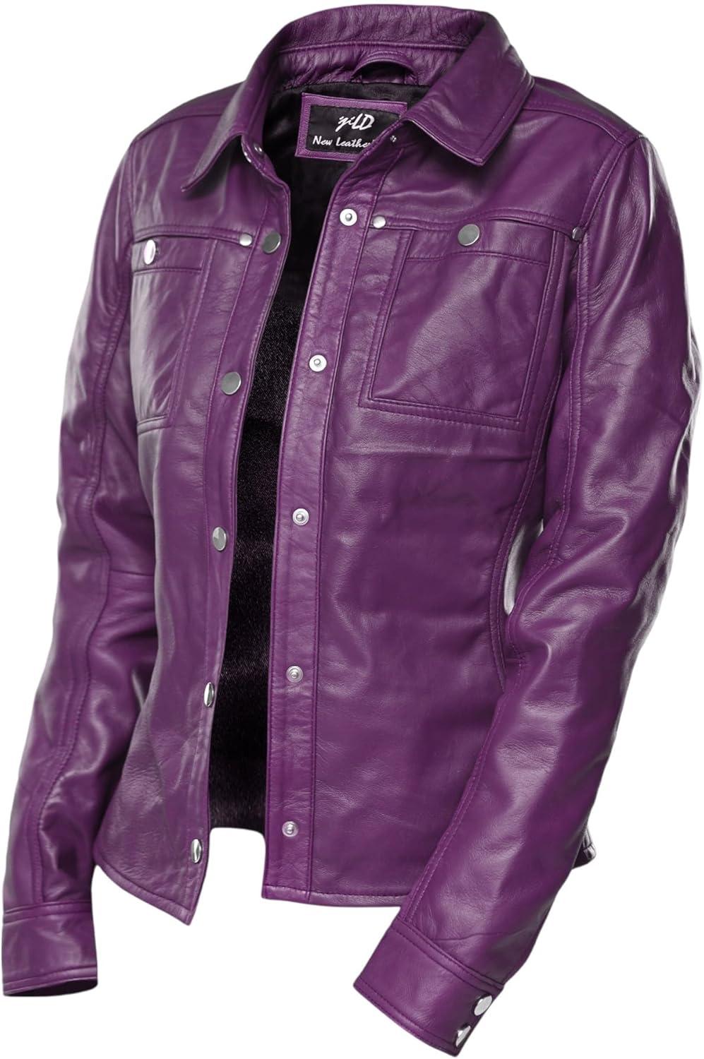 imageJild Womens Button Front Lambskin Leather Jacket Shacket Casual Shirt Long Sleeve Leather Jacket Women with Bust PocketPurple