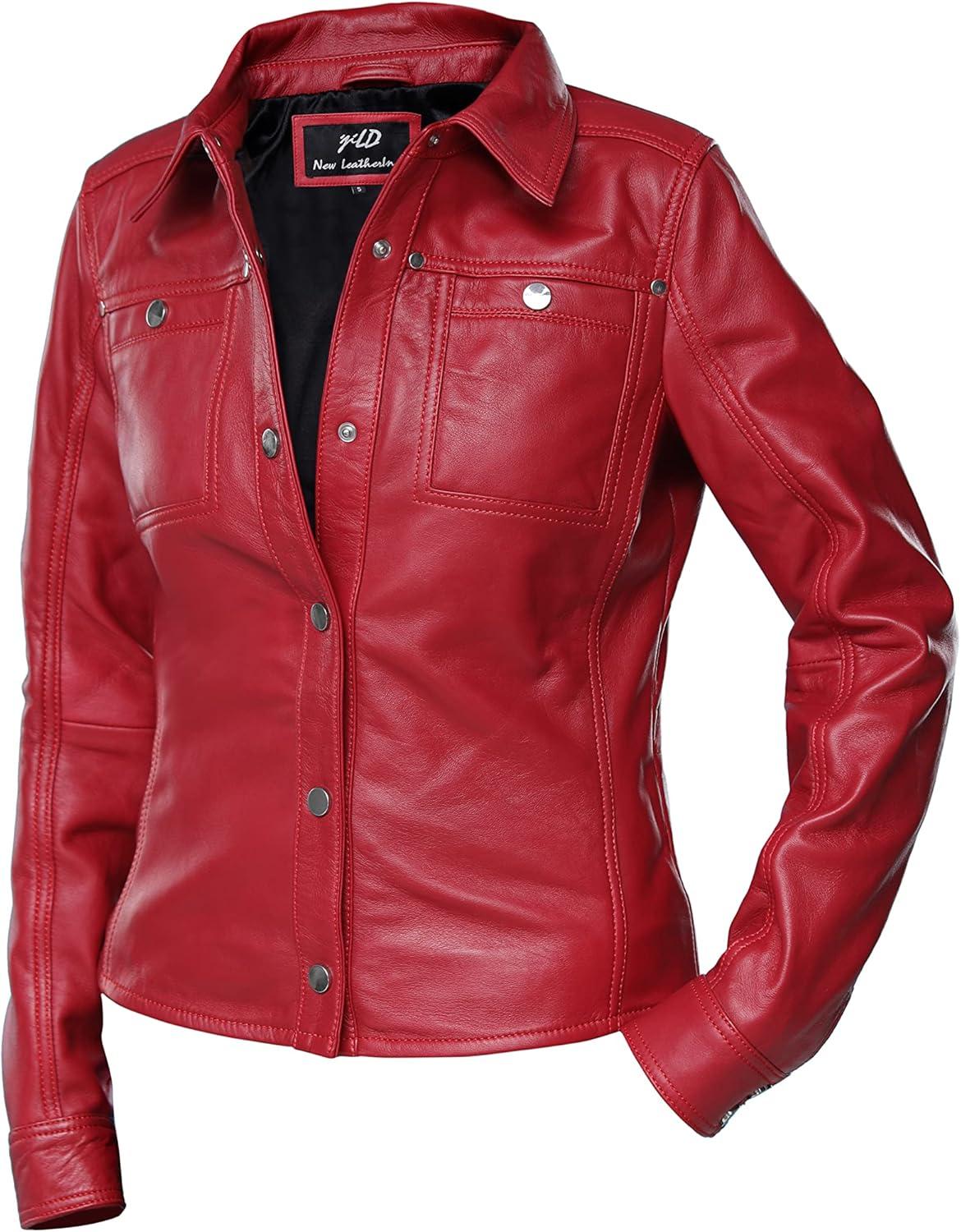 imageJild Womens Button Front Lambskin Leather Jacket Shacket Casual Shirt Long Sleeve Leather Jacket Women with Bust PocketRed