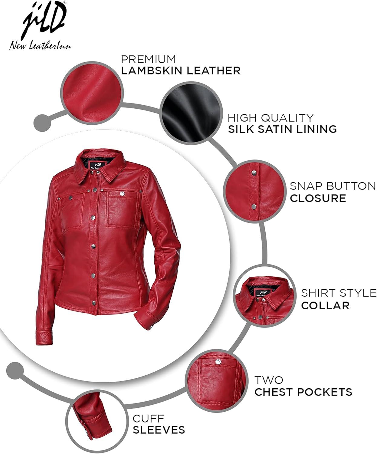 imageJild Womens Button Front Lambskin Leather Jacket Shacket Casual Shirt Long Sleeve Leather Jacket Women with Bust PocketRed
