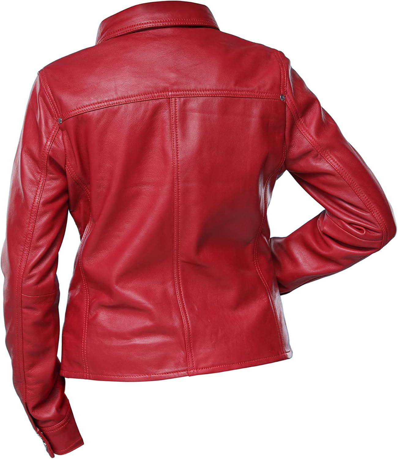 imageJild Womens Button Front Lambskin Leather Jacket Shacket Casual Shirt Long Sleeve Leather Jacket Women with Bust PocketRed