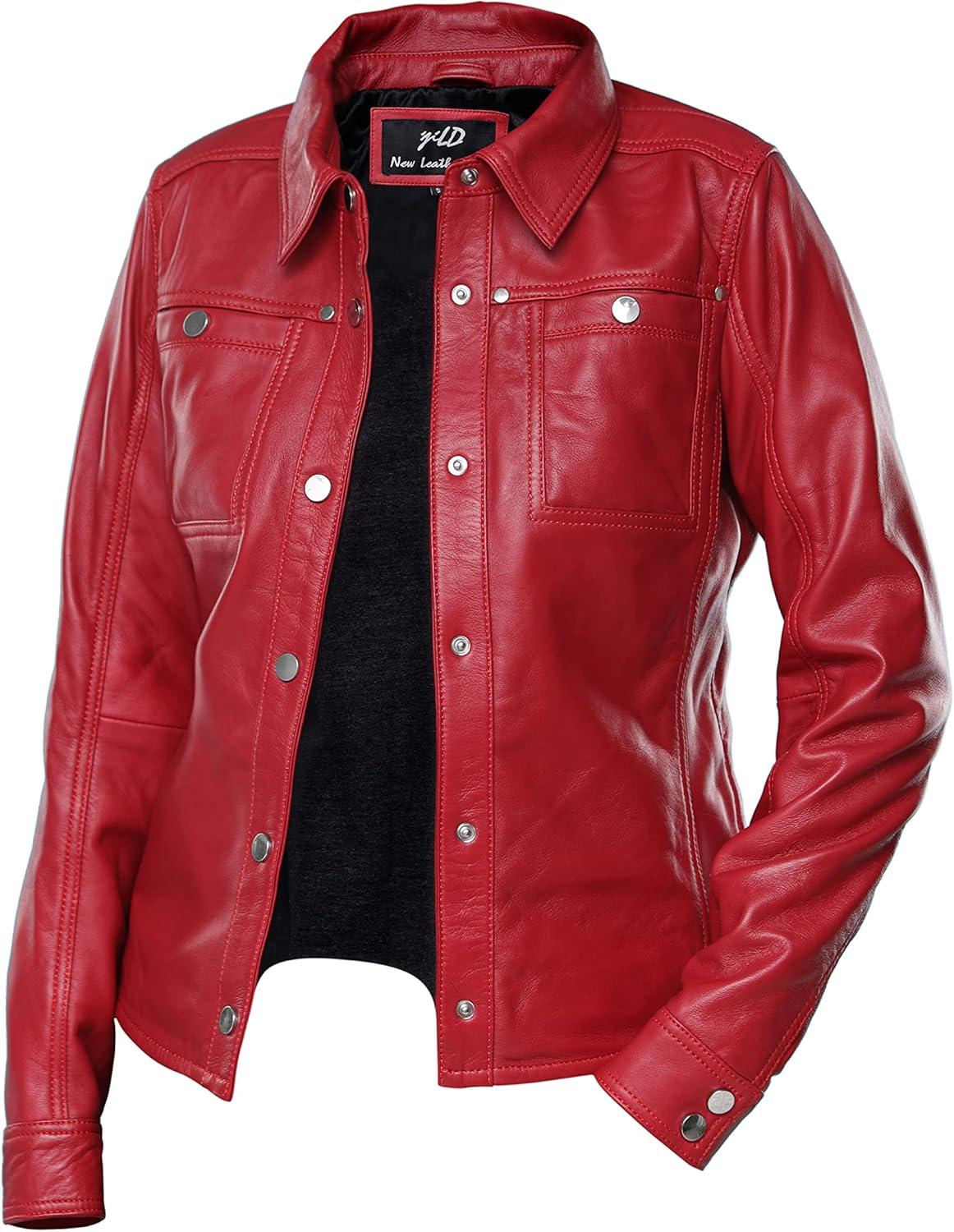 imageJild Womens Button Front Lambskin Leather Jacket Shacket Casual Shirt Long Sleeve Leather Jacket Women with Bust PocketRed