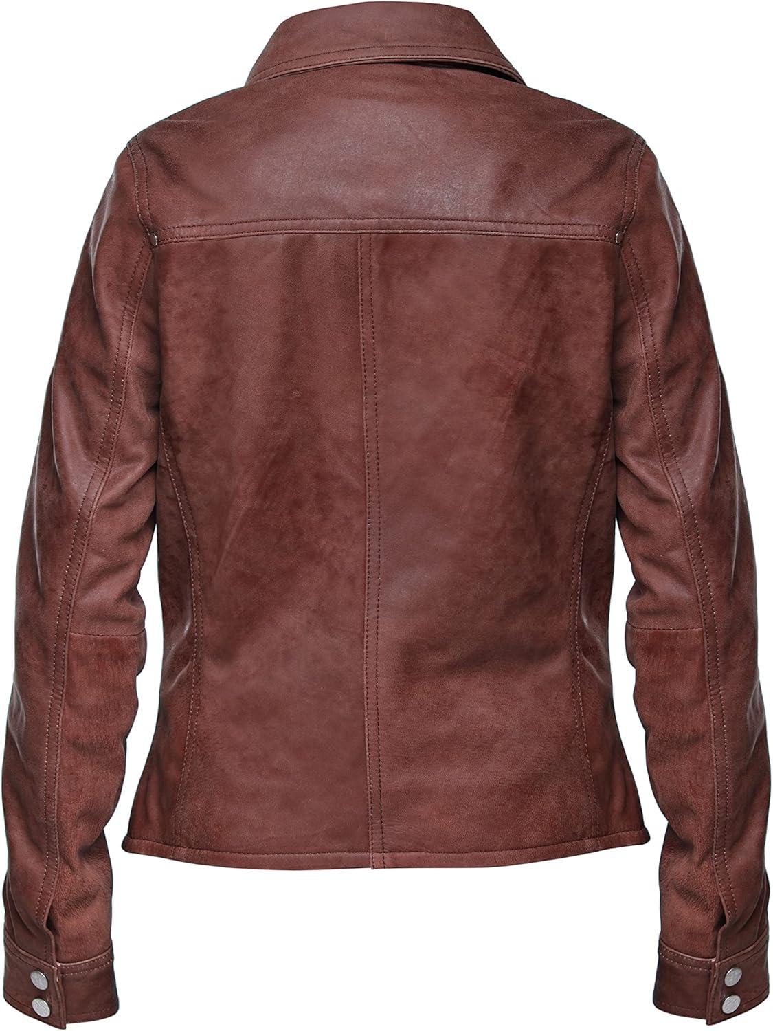 imageJild Womens Button Front Lambskin Leather Jacket Shacket Casual Shirt Long Sleeve Leather Jacket Women with Bust PocketVintage Brown