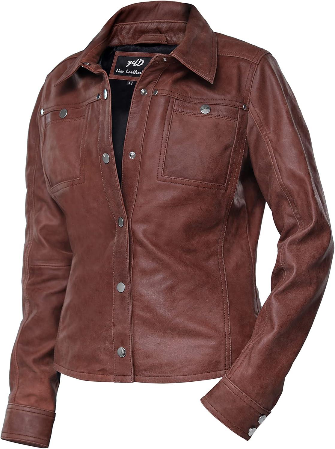 imageJild Womens Button Front Lambskin Leather Jacket Shacket Casual Shirt Long Sleeve Leather Jacket Women with Bust PocketVintage Brown
