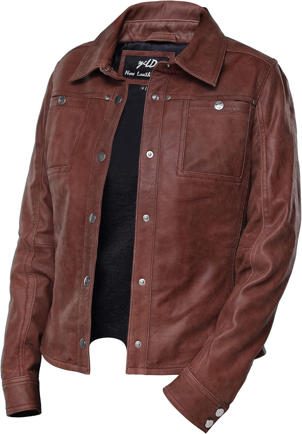 imageJild Womens Button Front Lambskin Leather Jacket Shacket Casual Shirt Long Sleeve Leather Jacket Women with Bust PocketVintage Brown