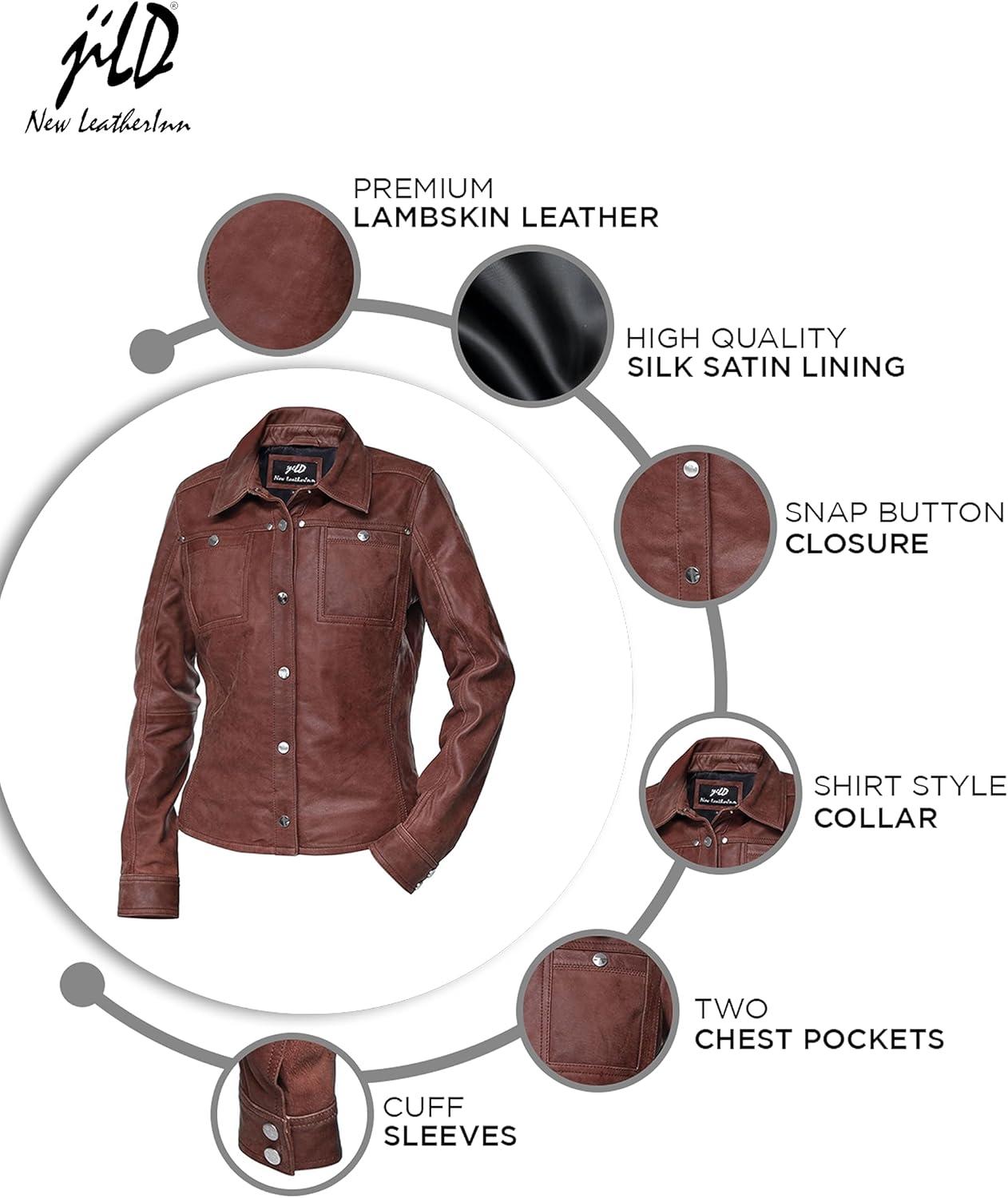 imageJild Womens Button Front Lambskin Leather Jacket Shacket Casual Shirt Long Sleeve Leather Jacket Women with Bust PocketVintage Brown