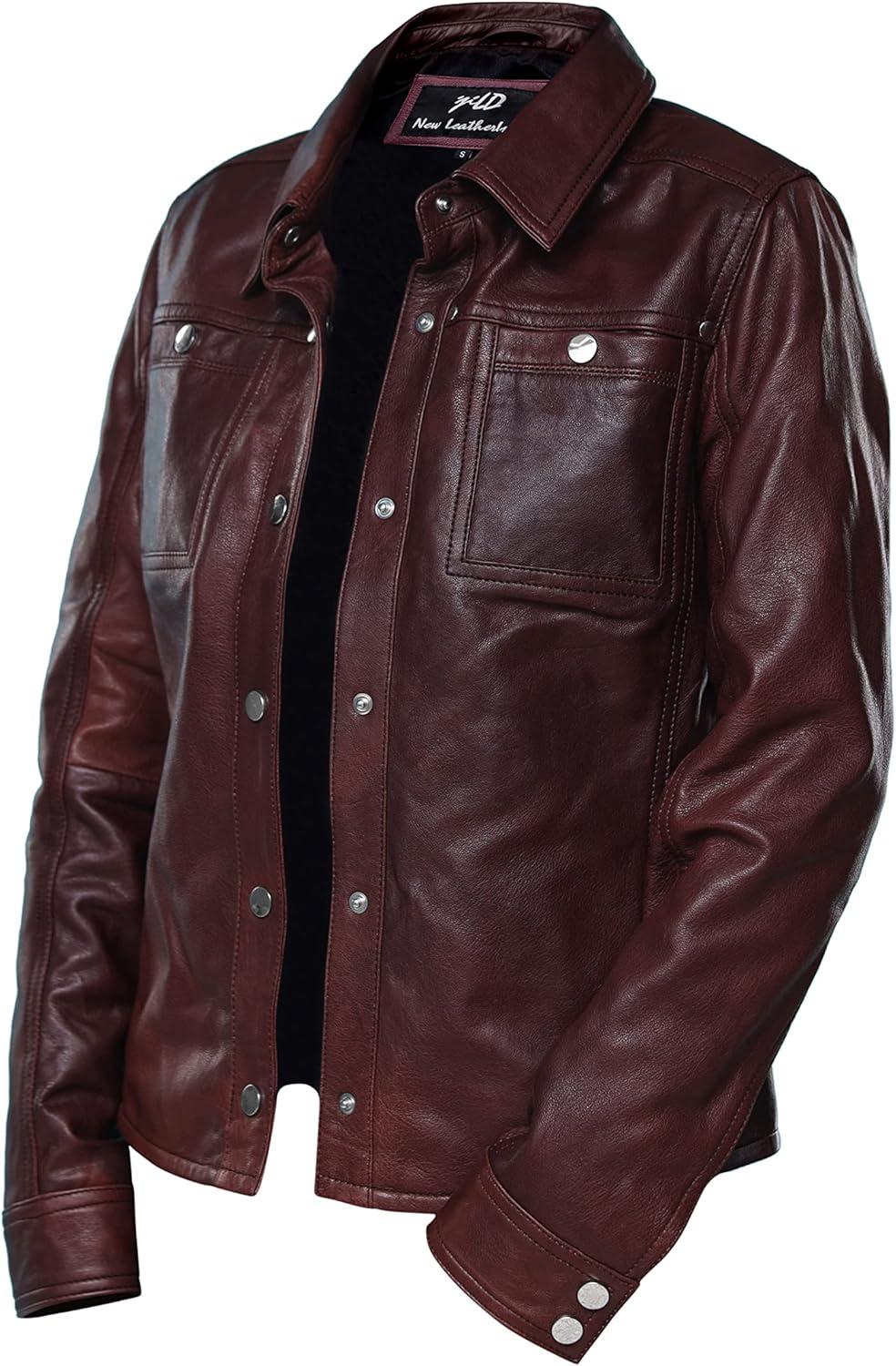 imageJild Womens Button Front Lambskin Leather Jacket Shacket Casual Shirt Long Sleeve Leather Jacket Women with Bust PocketVintage Maroon